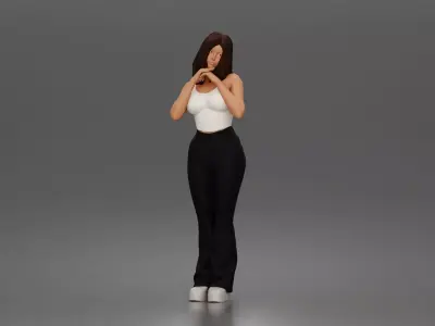 woman stands daydreaming wearing crop tank top and trousers 3D print model