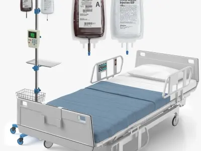 Hospital Bed With IV And Blood Stand Collection 3D model