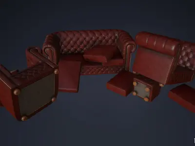Leather Couch Chesterfield Set - Sofa Armchair - Game Ready Low-poly 3D model