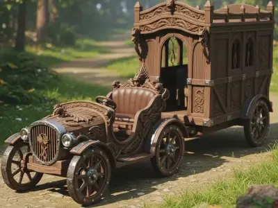 Fantasy Wooden Carriage Exquisitely Hand-Carved Vintage Vehicle Low-poly 3D model