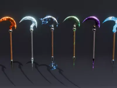 Set of 6 Elemental Scythe - Fantasy Medieval - Grim Reaper Low-poly 3D model