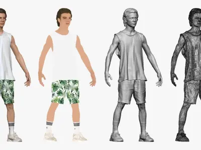 001247 junior boy in tank top palm shirts A pose Low-poly 3D model