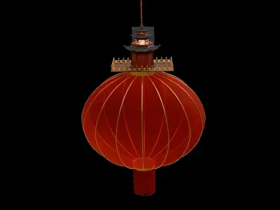 The red Chinese lantern with the light animation Low-poly 3D model