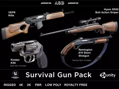 Game Ready Survival Gun Pack PBR Rigged Low-poly 3D model
