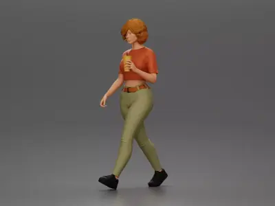 Woman strolls sipping beverage wearing crop top belted pants 3D print model