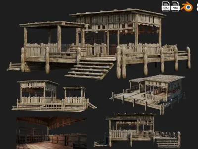 4 Old WoodenStorage Buildings Pack 4K Texture GameReady 81 to 84 Low-poly 3D model