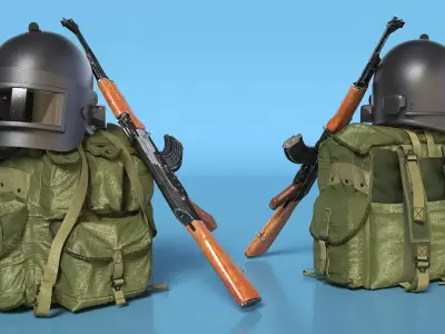 Armor Helmet with Ak-47 Rifle and Tactical Backpack 3D model purchase