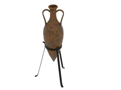 Antiqued Greek Terracotta Amphora on Metal Stand 3D model
