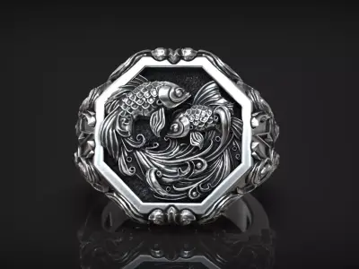 Pisces Zodiac Sign Ring Antique Relief Fish Signet 3D print model
