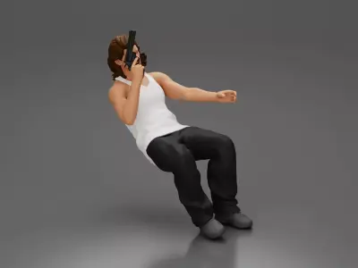 Man sitting with gun in hand pointing forward calmly 3D print model