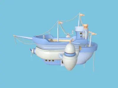 Cartoon Airship 01 - White Blue - Low Poly Ship Low-poly 3D model