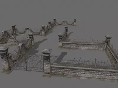 wall set stone with iron railings Low-poly 3D model