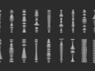55 Low poly wood carved chair table pillar parts IMM brush set 3D model