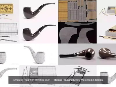 Smoking Pipe with Matchbox Set - Tobacco Pipe and Safety Matches 3D Model Pack