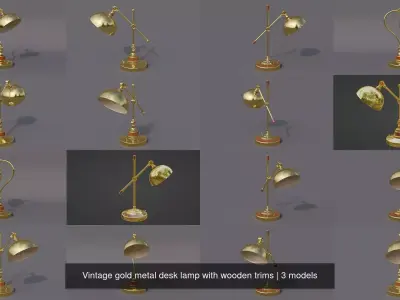 Vintage gold metal desk lamp with wooden trims 3D Model Pack