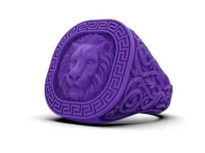 Royal Lion Head Signet Ring with Greek Key Pattern 3D print model