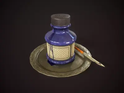 Vintage old inkwell and ink pen Low-poly 3D model