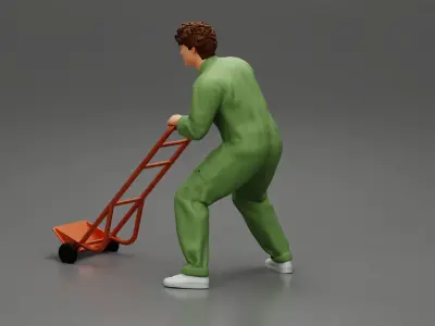 mechanical worker pushing a hand track trolley jack 3D print model