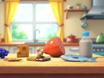 Cartoon Food Assortment with Meat Fish and Dairy 3D model