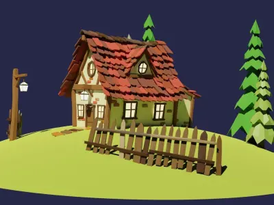 Low Poly House cottage on hill Free low-poly 3D model