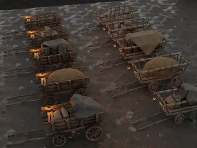 A set of stylized medieval carts with a lamp and a load Low-poly 3D model