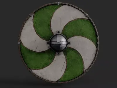 Slavic round leather shield-painted green and white sun wheel Low-poly 3D model