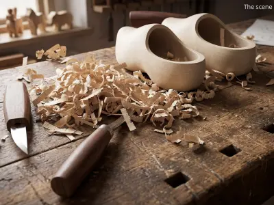 Handcrafted Wooden Clogs with Carving Tools Beige 3D model