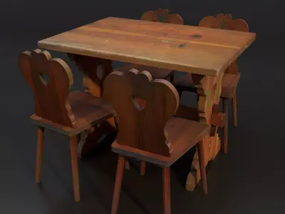 Hungarian folk art table with chairs Low-poly 3D model
