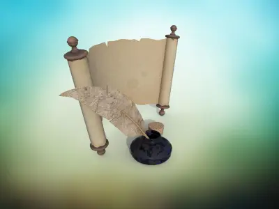 Set of papyrus scroll and inkwell with stopper and quill PBR  Low-poly 3D model