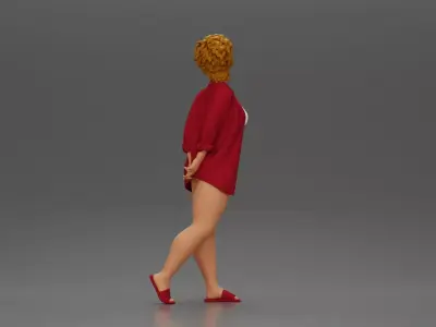 Chic woman in a red shirt and white confidently walking 3D print model