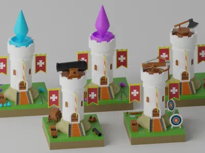 Cartoon Tower Defense Towers Collection A 3D model
