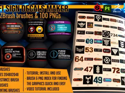Sci-Fi Sign Decals Maker PNGs Substance ZBrush and all apps Texture