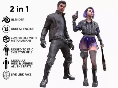 Mens and Womens Cyberpunk Outfits - Modular - Rigged 3D Model Pack