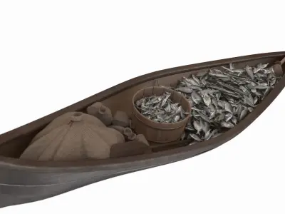 Small Wooden Fishing Boat Full with Fish 3D model