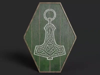 Slavic diamond-shaped shield painted green with Thor symbol Low-poly 3D model