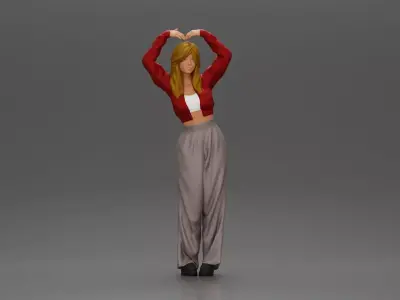 Confident woman striking a heart shaped pose with joyful energy 3D print model