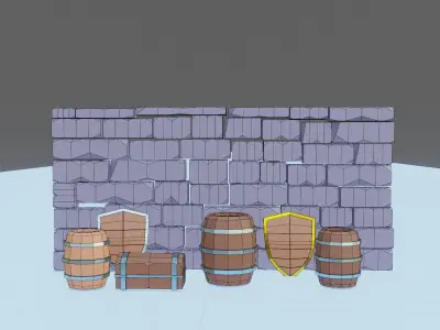 low-poly objects set of barrels and shields Free low-poly 3D model