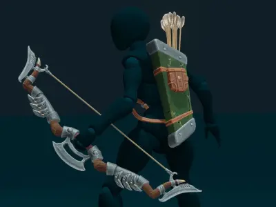 Fantasy Wooden bow with armor blades and stylized quiver Low-poly 3D model