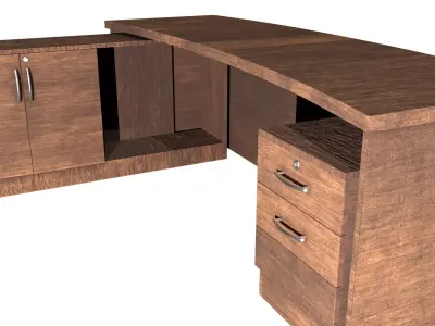 L-shaped wooden office desk Low-poly 3D model