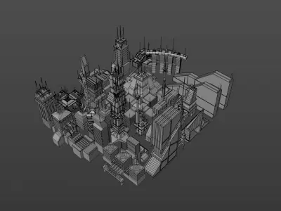 Low Poly Sci-fi city buildings Free 3D model