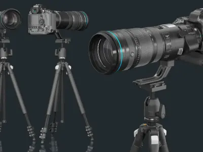 DSLR Cameras with Zoom on Tripod Collection 3D model