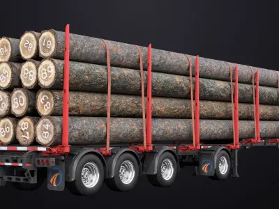 Logging Trailer 01 Red with Load Single Mat All PBR Textures 3D model