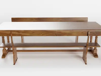 Vintage School Refectory Table with Benches 3D model