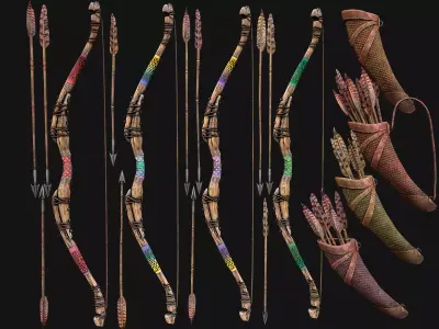 Archer Set Bow Quiver Straw Target Arrows Medieval Weapons Low-poly 3D model