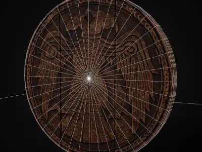 Carved Round Wooden Phoenix Shield Low-poly 3D model