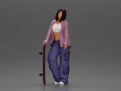 Skater girl wearing crop top cargo pants relaxed pose 3D print model