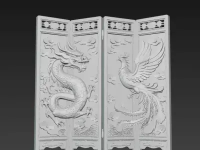 Antique Style Screen Dragon and Phoenix Bringing Prosperity 1 3D model