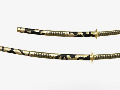 Gold Double Bladed Katana Wakizashi and Stand 3D model