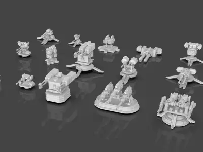 Turret and AA Gun Defense Pack - 2 - 15 Props - Untextured Low-poly 3D model