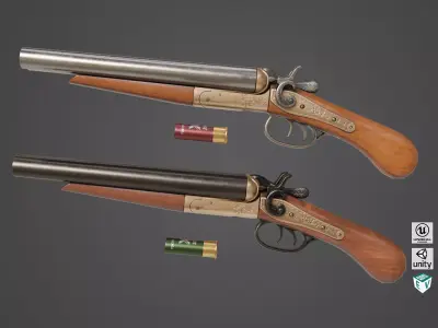 Classic Shotgun Black and Silver Single Mat PBR Unity UE Texture Low-poly 3D model
